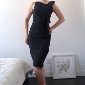 Max Mara dark blue black sheath dress ruffle front work career cocktail lbd S 4